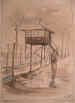 A drawing of a guard tower by a Dutch prisoner of war